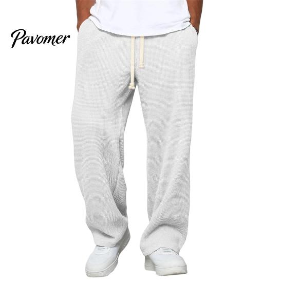 Lightweight Breathable Bottoms Men Waffle Baggy Trousers, Wide Leg Drawstring Waist Slacks, Loose Fit Soft Polyester Streetwear Casual Sweatpants with