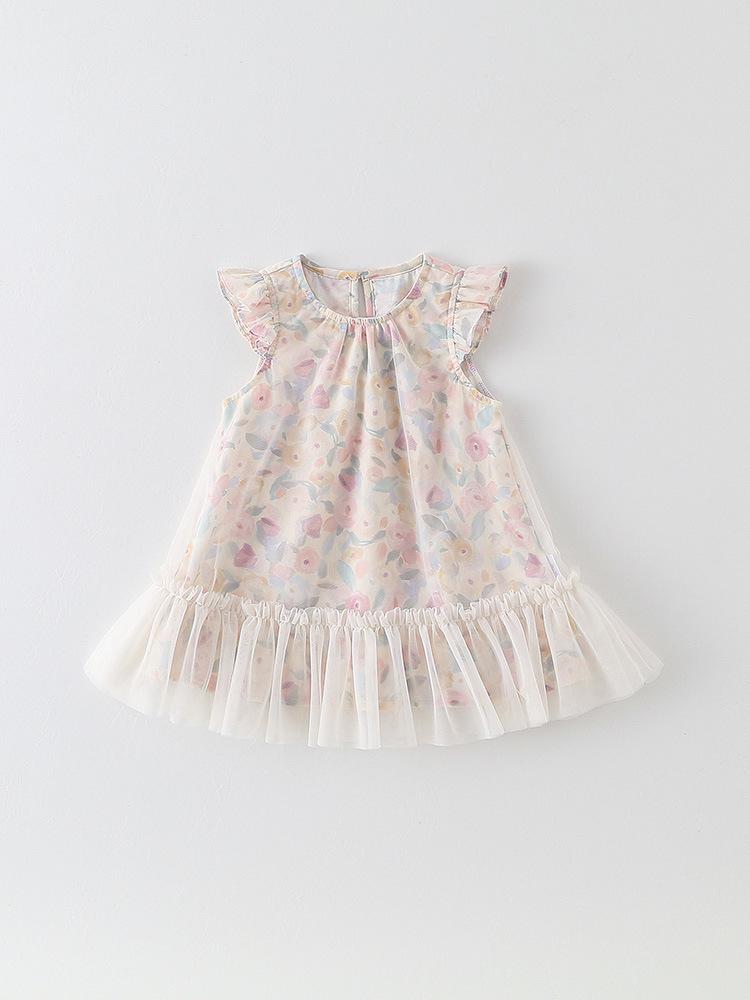 Korean Style Girls' Floral Puff Sleeve Princess Dress with Breathable Mesh Skirt for Infants and Toddlers