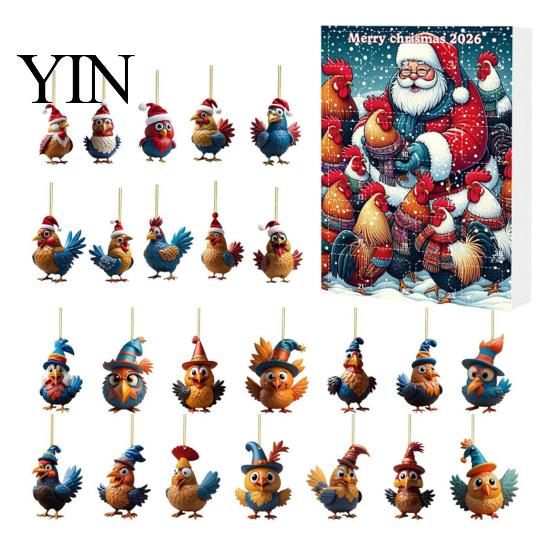 Christmas Advent Calendar with 24 Chicken Pendants Calendars 2025, Days 2D Flat Animal Ornament Small Hanging Decor for Bags Cars Countdown Calendar,