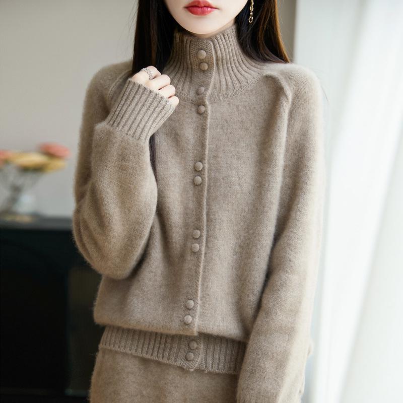 Women's Solid Color Wool Cardigan - High Neck, Long Sleeve, Loose Fit Sweater