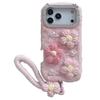For iPhone 17 Pro Case Rhinestone Frame Plush Flower Pearl Heart TPU PC Phone Cover with Floral Strap