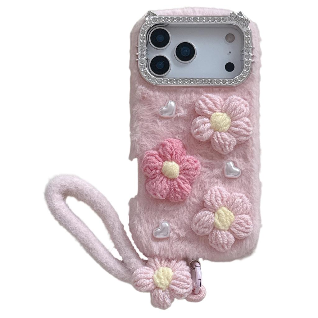 For iPhone 17 Pro Case Rhinestone Frame Plush Flower Pearl Heart TPU PC Phone Cover with Floral Strap
