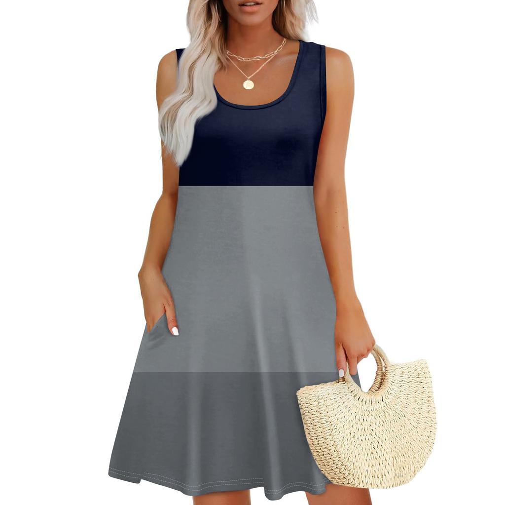 Женское летнее повседневное платье с квадратным вырезом и принтом в стиле пэчворк, платье без рукавов с карманами