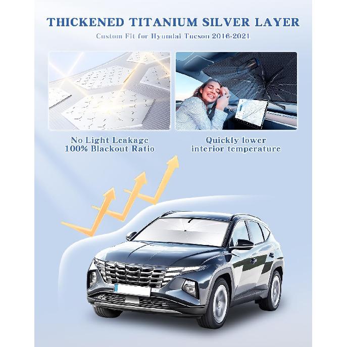 Портативный солнцезащитный зонт для лобового стекла Hyundai Tucson 2016- С сумкой для переноски, 2-в-1, Ледяной кристалл, Прочный, Компактный, Зонт-тень, UPF50+, УФ-защита, Переднее окно