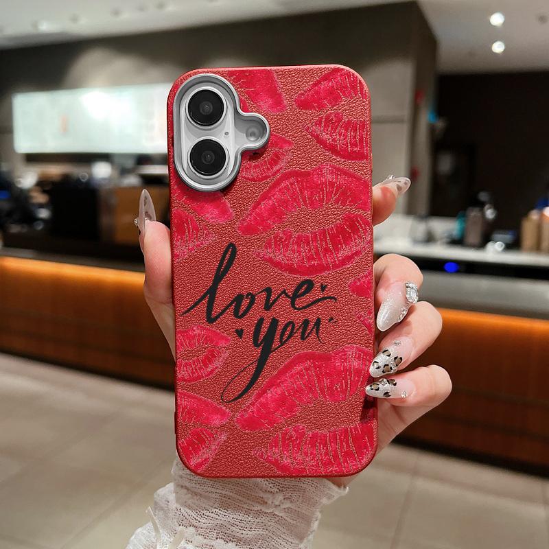 Тонкий чехол для телефона Love Red Lips Pattern из матовой кожи с текстурой для iPhone 16 Pro Max 15 14 Pro 13 12 11, противоударный защитный чехол для объектива из ТПУ с мягким бампером