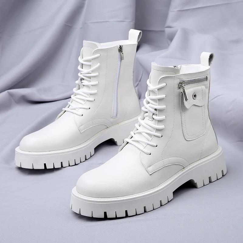 Spring Men's Thick Soled White Denim Boots Brand Lace Up Side Zipper Motorcycle Boots Men Round Toe Boots Leather High Top Shoes