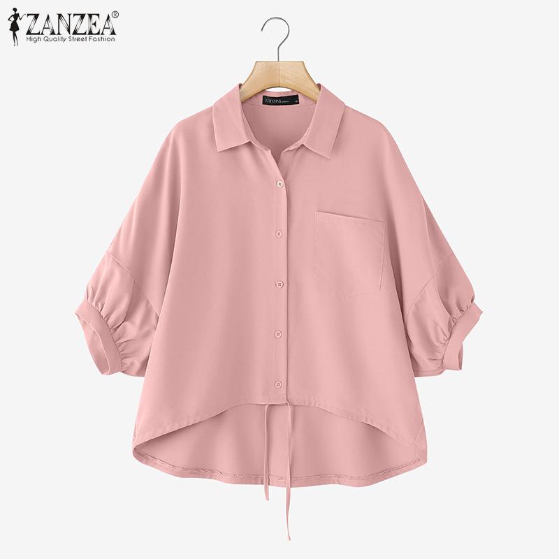 ZANZEA Women Summer Turn Down Collar Loose Asymmetrical Half Sleeve Blouse