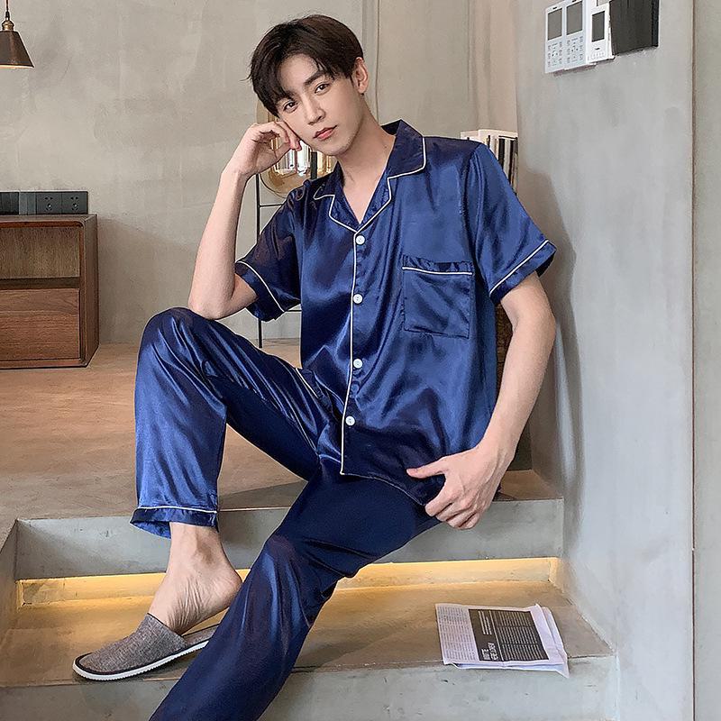 Мужской пижамный комплект с длинным рукавом из ледяного шелка на 2024 год - Легкая весенне-осенняя домашняя одежда