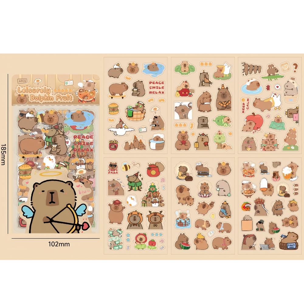 6Sheets/pack Transparent Cute Cartoon Capybara Stickers Kawaii Kids Decals Toys Waterproof DIY Diary Stationery School Supplies