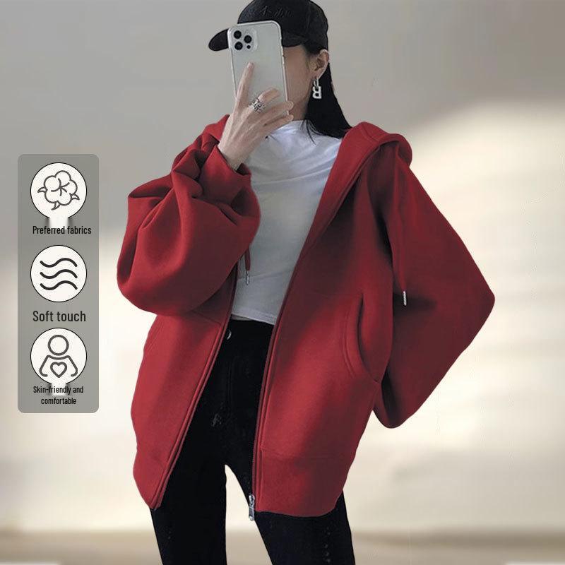 Женское красное худи в стиле ретро 2024 года - Популярный свободный крой для весны и осени