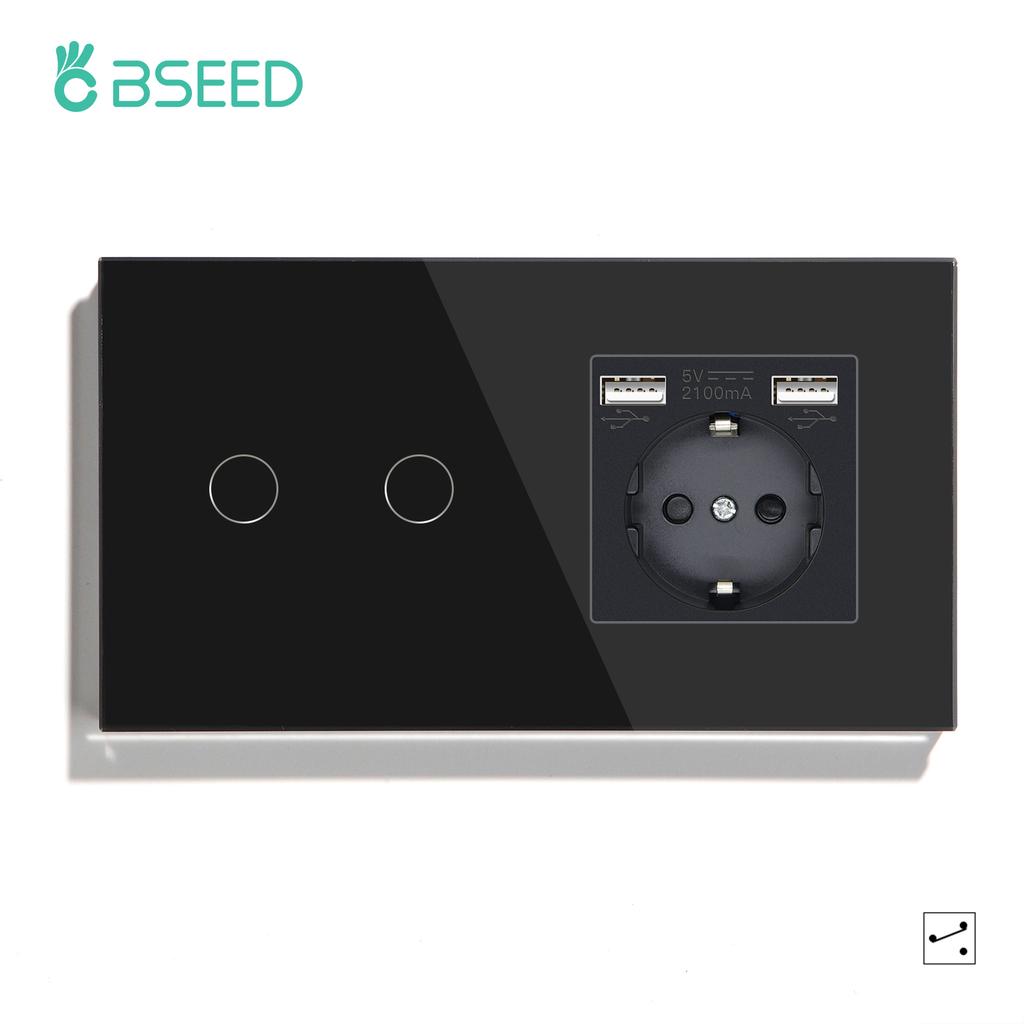 BSEED Стандарт ЕС 1/2/3 Клавиши 2-позиционные Настенные Сенсорные Выключатели Выключатели с Датчиком Освещенности Настенные Розетки USB Type-C Панель из Хрустального Стекла 240В Черный