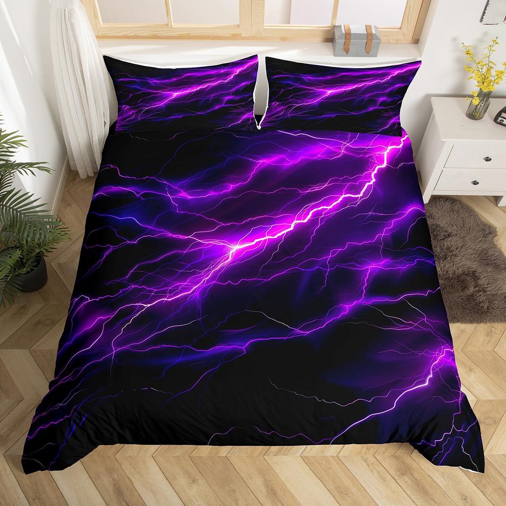 Homewish Neon Purple Lightning Duvet Cover Set for Kid,Nature Scenery Bedding Set,Tornado Storm Bed Set