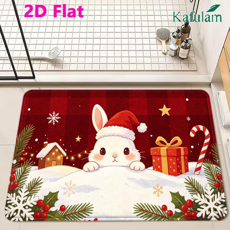 2D Flat, 2D Printed Pattern Christmas Holiday Decorative Mat, White Rabbit Poking Its Head Out of the Snow Christmas Gift Pattern, Fun Machine-Washabl