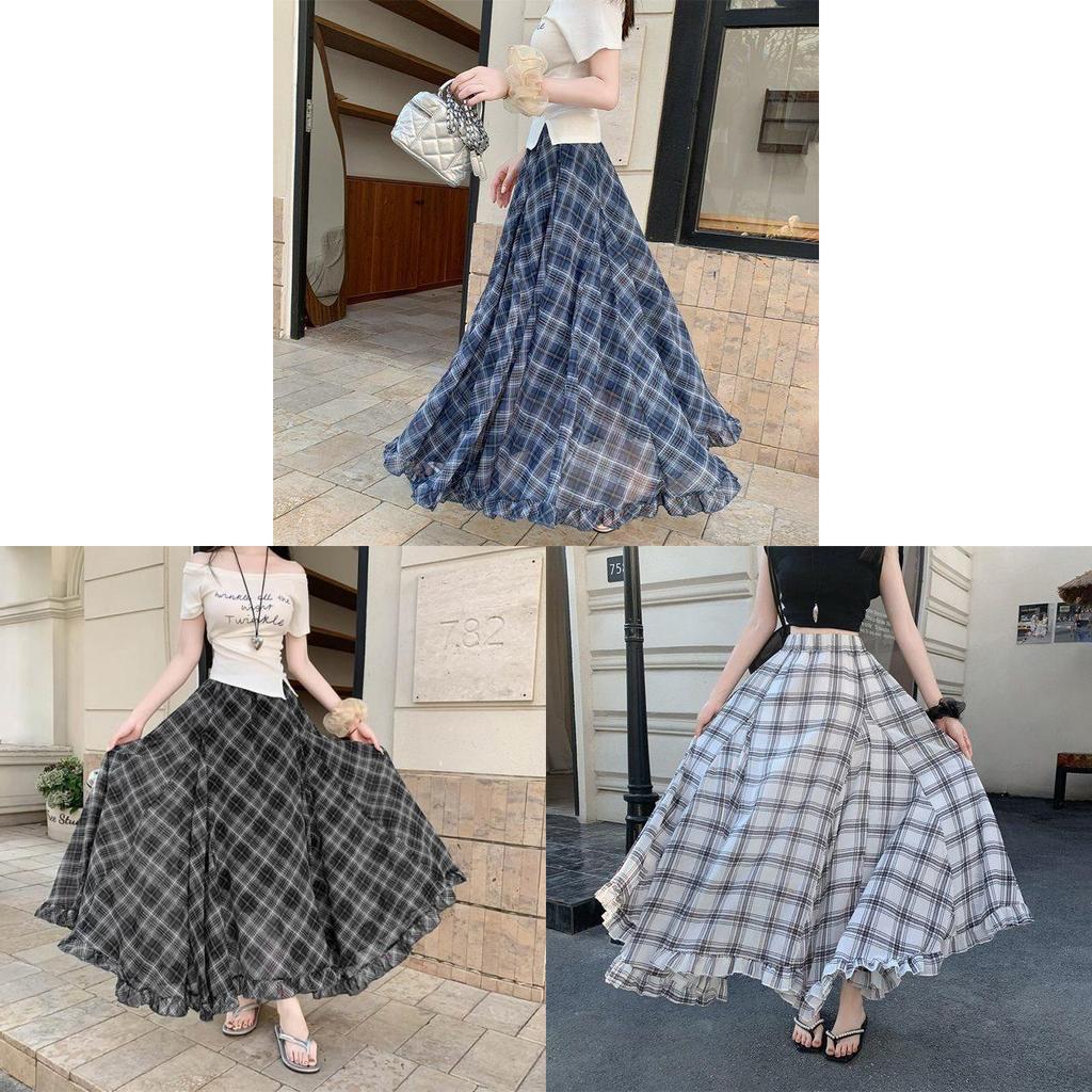Long Vintage Check Plaid Chiffon Skirt With Asymmetric Hem For Summer Casual Women