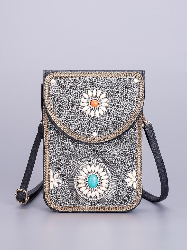 Butterfly & Flower Pattern Retro Ethnic Style 2026 New Handmade Beaded PU Crossbody Mini Phone Bag Women's Shoulder Purse