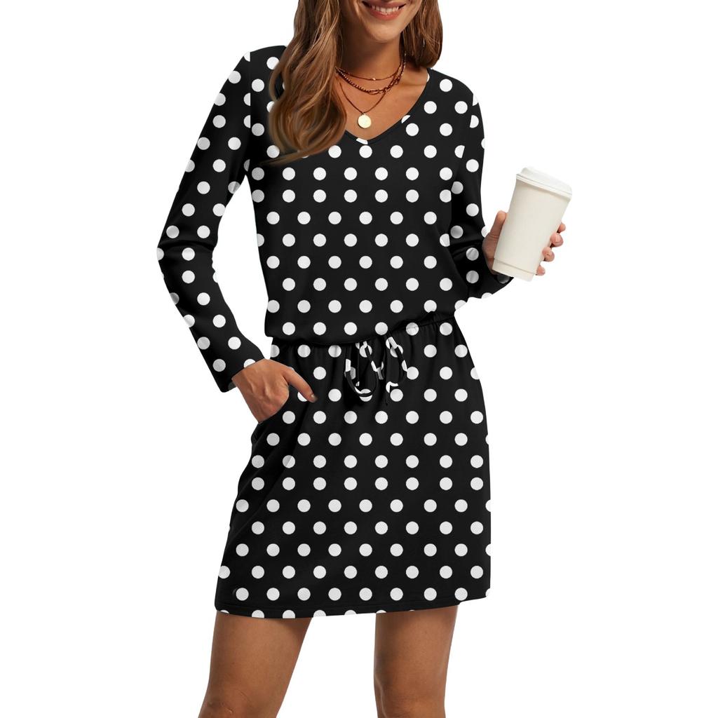 Women's Fashion V-Neck Long Sleeve Drawstring With Pockets Vintage Printed Casual Dresses