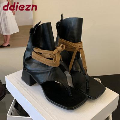 Мода Мода На шнуровке Женские ботильоны до щиколотки на каблуках Обувь С открытым носком Женские гладиаторские сандалии Ботильоны Женские шлепанцы Туфли