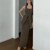 Модный Простой Летний Профессиональный Женский Повседневный Чистый Хлопок Карманный Жилет Длинное Платье Комплект из Двух Предметов Женский Костюм