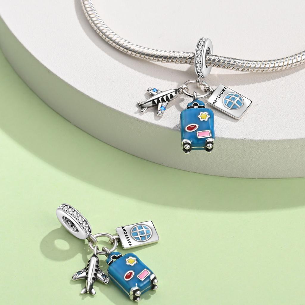 S925 Silver Travel Vacation Airplane Luggage Tag Pendant DIY  Beaded Charm Accessory