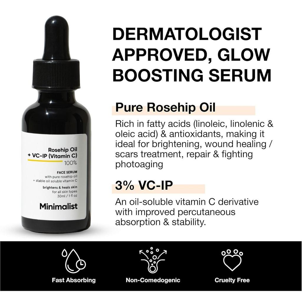 Face Serum with Rosehip Oil and Vitamin C 100% (30 Ml), Rosehip Oil + VC-IP (Vitamin C) 100% Face Serum, Minimalist