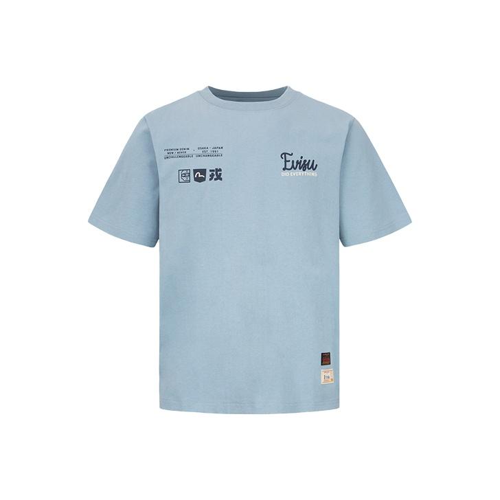 Evisu SS22 Клетчатая футболка с нашивкой-чайкой и буквой, повседневная, мужская, синяя 2ESHTM2TS534XXCT