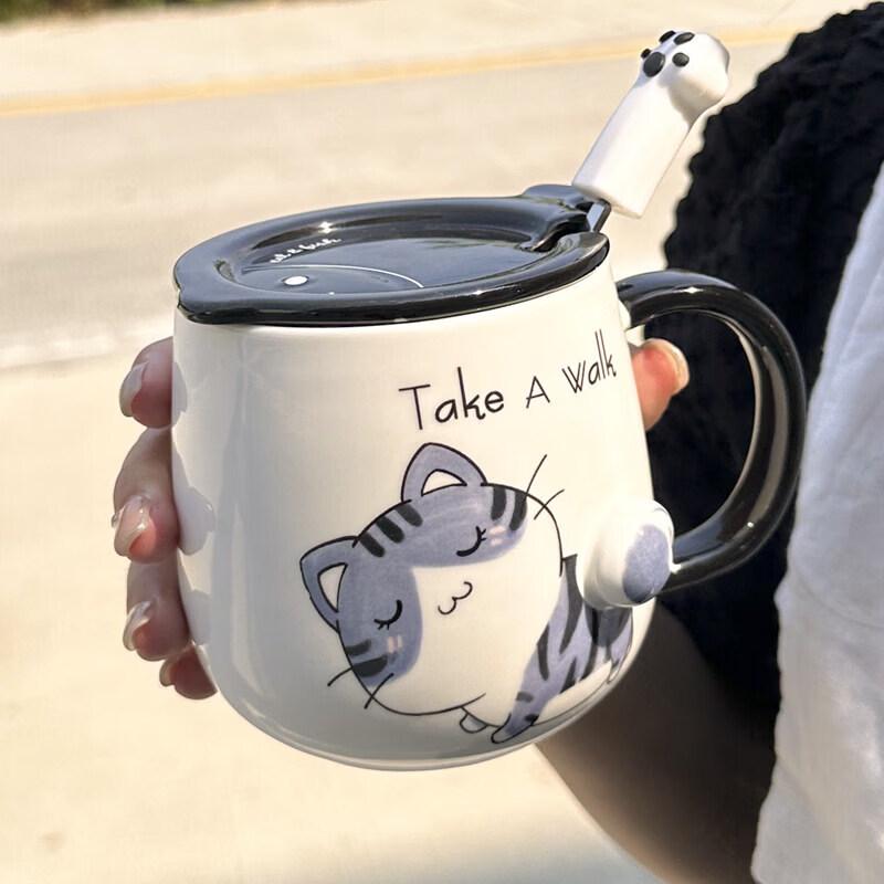 Ceramic Cat Mug with Lid and Spoon