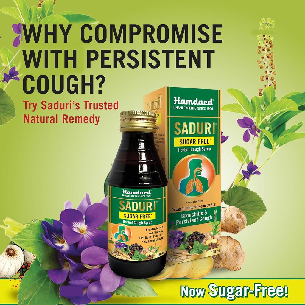 Hamdard Saduri SF Sugar-Free Cough Syrup 100 ML Pack of 3 Non-Drowsy Natural Relief for Cold
