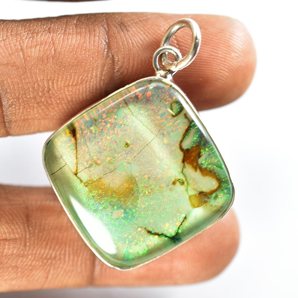 Natural Opal Pendant Multi Color 54 ct 925 Sterling Silver Cushion October Birthday Birthstone