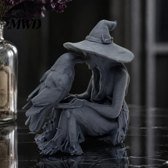 Уникальный Хэллоуинский Подарок 3D Печатная Статуэтка Ведьмы, Готическая Скульптура с Вороном, Декор Комнаты в Ретро Стиле, Мистическая Фигурка для Дома, Рабочего Стола, Полки, Камина