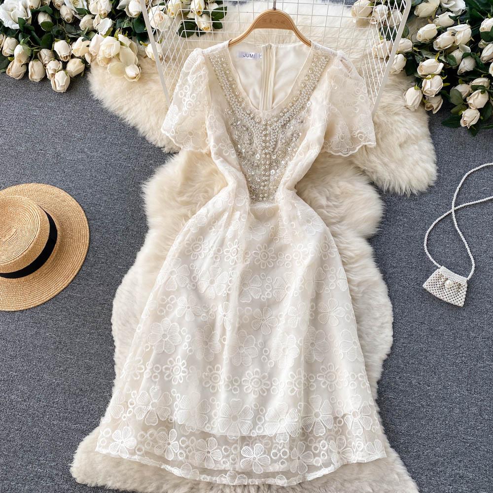 Women Fashion Mesh Flower Embroidery Luxury Beading Party Dinner Dresses Lady Elegant Retro V-neck Midi Evening Sundress
