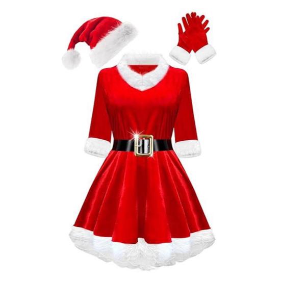4 Pcs Mrs. Claus Costume Set for Women Adult Velvet Santa Claus Dress with Belt Santa Hat Gloves Set for Christmas Party