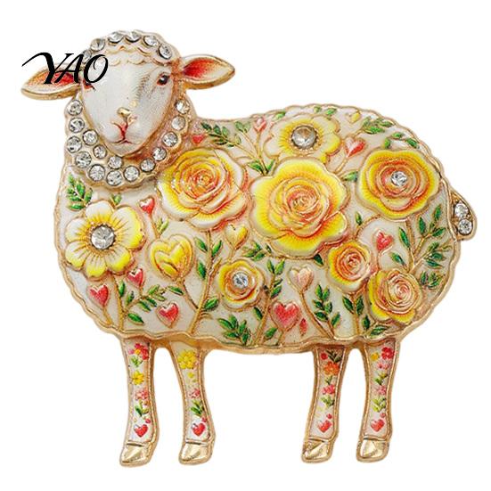Rhinestone Lamb Brooch Floral for Women, Flower Sheep Alloy Lapel Pin, Animal Jewelry Clothing Suits Scarves Bags Pin