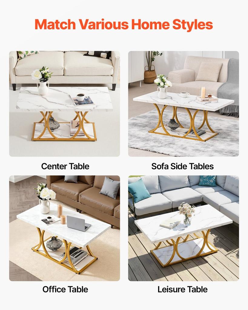 Coffee Table, Modern Faux Marble Coffee Table, Large 2-Tier Rectangle Center Desk with Geometric Legs, Minimalist Sturdy Metal Frame Accent End Desk