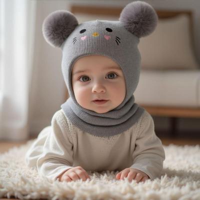 Детская вышитая шапка с мультяшным котом, вязаная теплая детская шапка, осенне-зимняя вязаная шапка для младенцев мальчиков и девочек