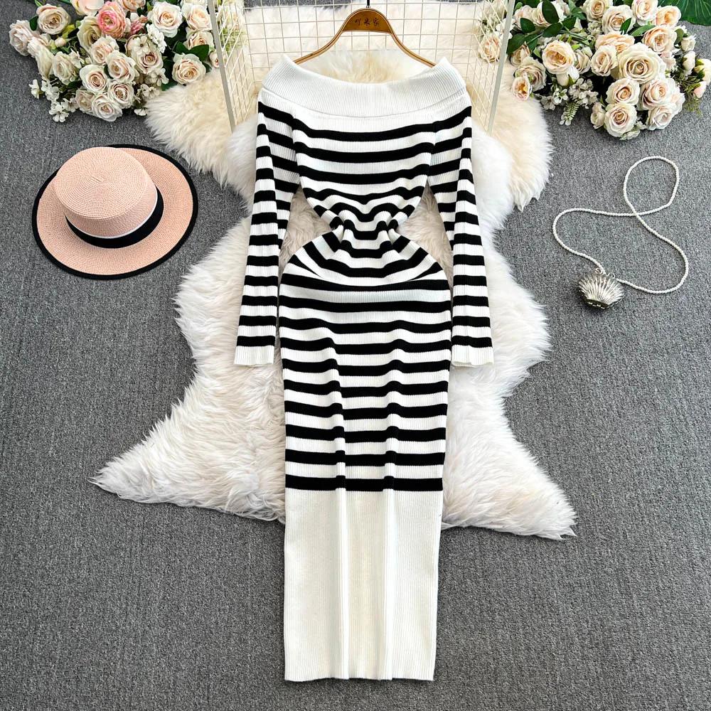 Платье-футляр с открытыми плечами Falda Sexy Mujer Slash Neck Striped Color Block Slim Knitted Bodycon Dress Autumn Wrapped Dresses ChicDresses