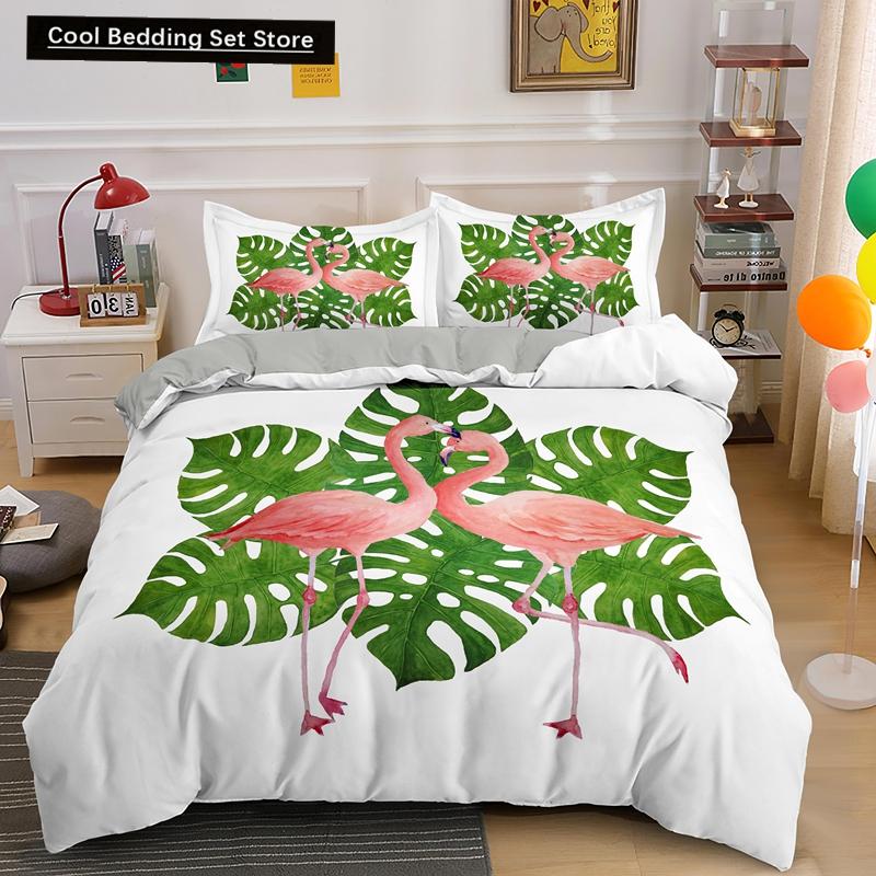 Пододеяльник с изображением животных фламинго King Queen, розовый, с тропическими птицами, комплект постельного белья для детей, подростков, взрослых, синий, мягкий, 2/3 шт., пододеяльник