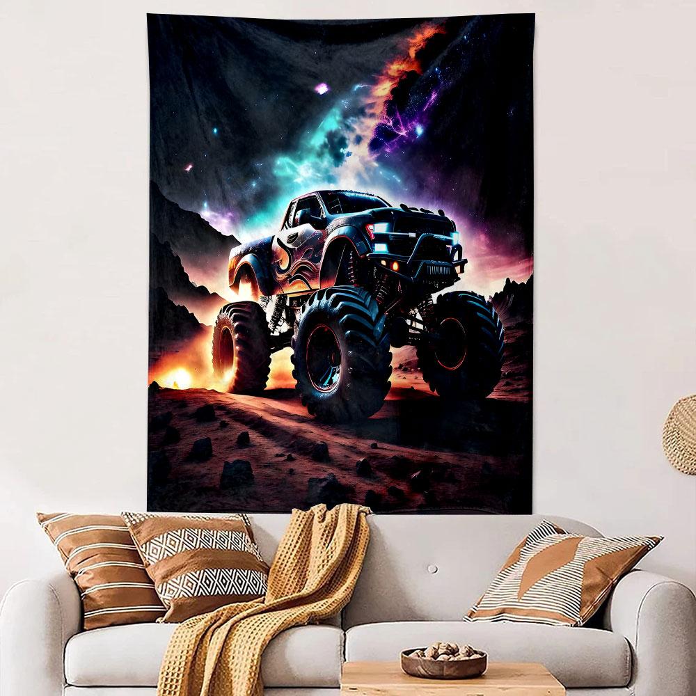 Monster Truck Under Cosmic Sky Patterned Tapestry Decorative Wall Hanging, Home Bedroom Living Room Decor