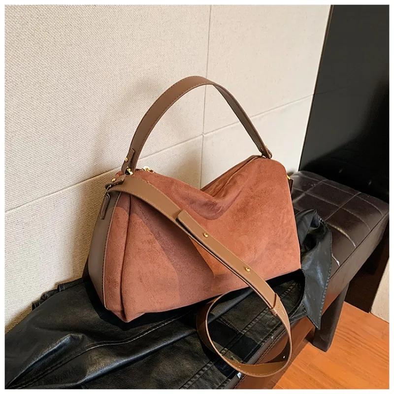 Style Fashion Zipper Solid Faux Suede Top-Handle Bag High Quality Large Capacity Simple Shoulder Bag