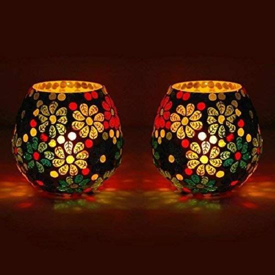 Glass Mosaic Candle Light Holder/Candle Light for Home Bar Restaurant Cafe Decoration, Pack of 2