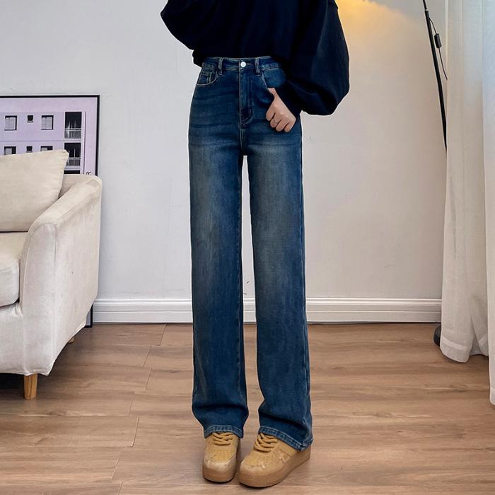 Fleece thickened elastic narrow version straight jeans women's high waist loose and thin floor pants wide leg pants