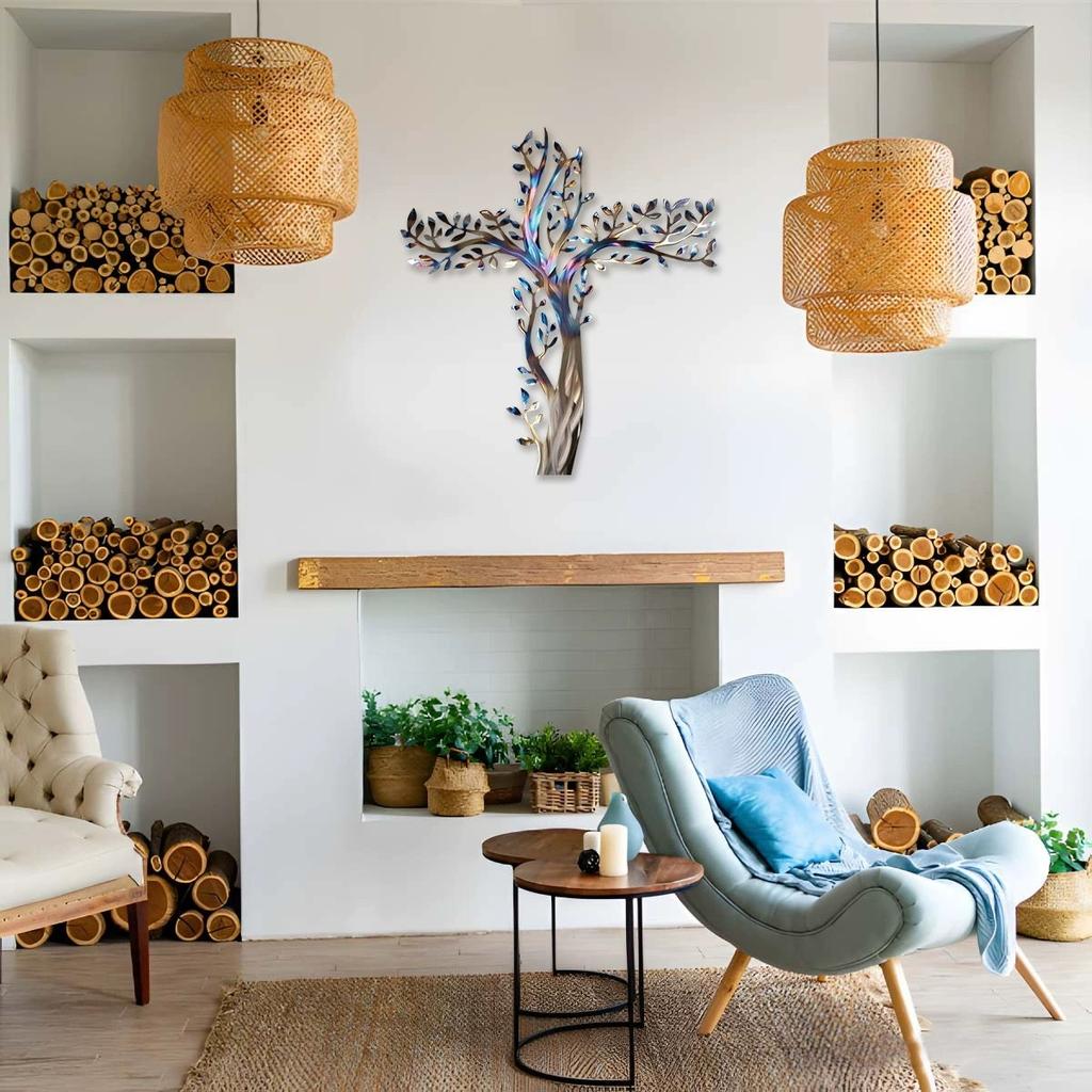 Metal Cross Wall Art Metal Tree of Life Hanging Crosses Wall Decor Metal Wall Crosses for Garden Living Room Bedroom