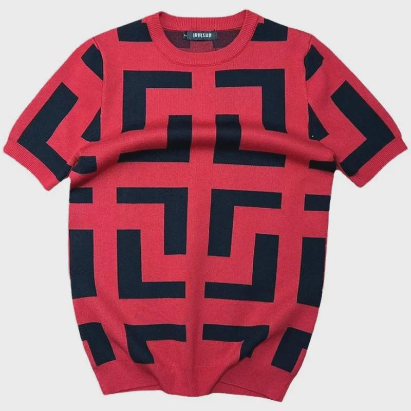 Мужская облегающая повседневная трикотажная футболка с коротким рукавом и геометрическим узором для весны и осени.