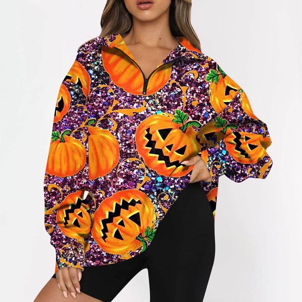 Женский свитер с застежкой-молнией 1/4, свитшот с длинным рукавом, с принтом и заниженной линией плеч, модная толстовка с капюшоном