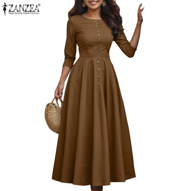 ZANZEA Women Casual Round Neck 3/4 Sleeve A-Line Long Dress