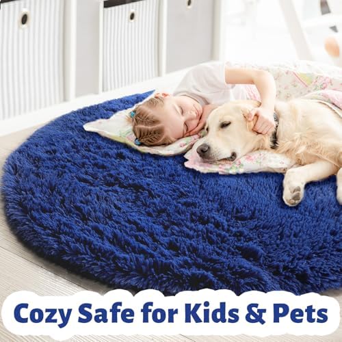 Blue Round Rug for Kids Room, Bedroom, Living Room, Washable Fluffy Shaggy Area Rug, Aesthetic Decor, 120cm