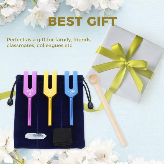 3 шт. Алюминиевая камертонная вилка с деревянным молоточком, мешочек из искусственного хрусталя, 4096/4160/4225 Гц, Исцеляющий инструмент, Камертон, Аксессуары для йоги, медитации, релаксации