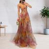 Women Evening Dress Mesh Colorful Printing Low-cut Sleeveless Backless Spaghetti Strap Pleated A-line Floor Length Tight Waist