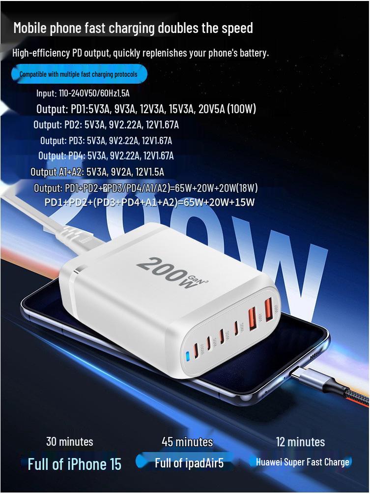 200W GaN Multi-Port PD Fast Charger with 2A4C Ports for Phones & Laptops