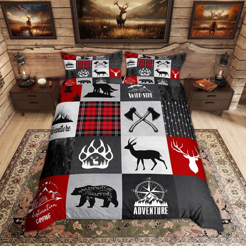 Comforter Homewish Rustic Deer Bear Woodland Animal Checkered Set Farmhouse Lodge Cabin Bedding Set