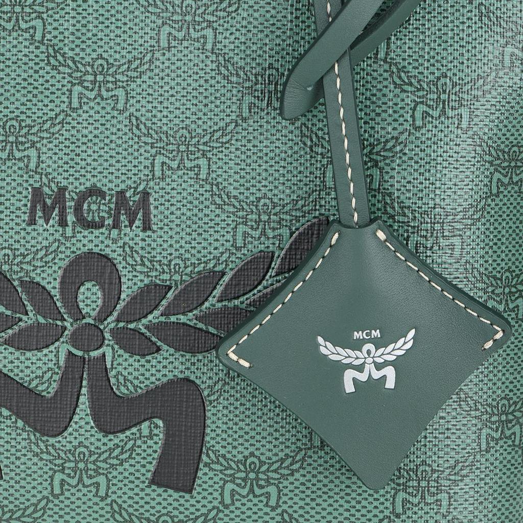 MCM Green Monogram Canvas Tote Bag with Leather Accents & Signature Logo Charm for Daily & Travel Use